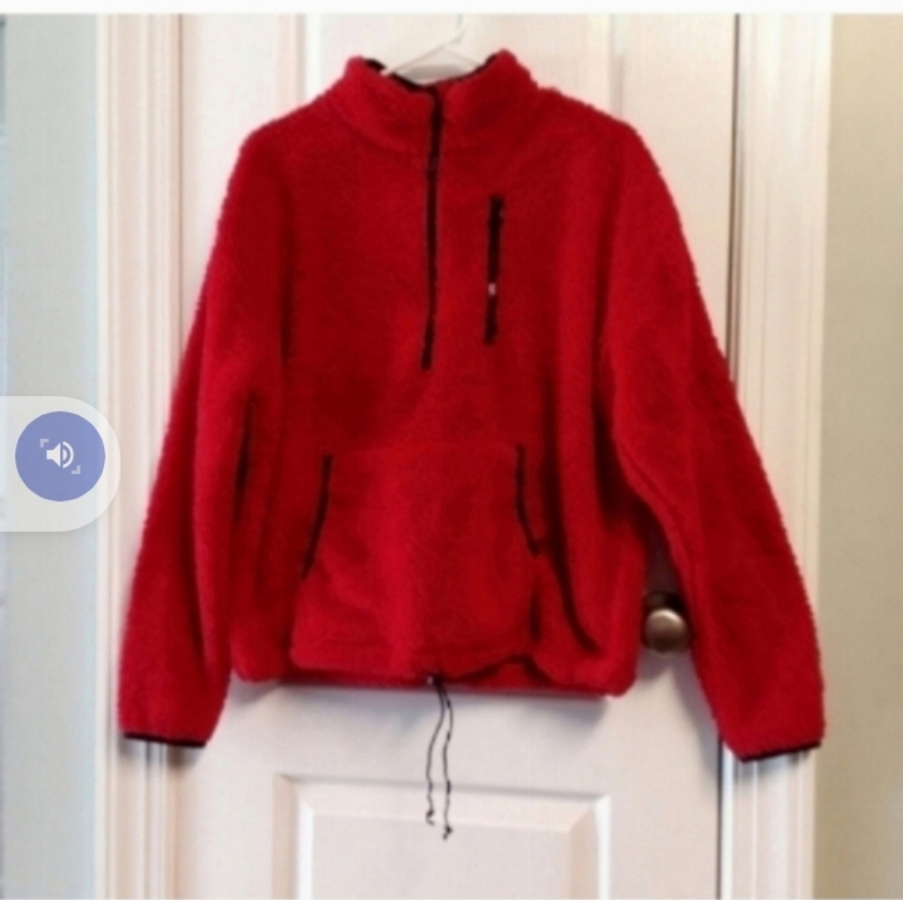 No Boundaries Pullover Red Fleece Jacket Women's Junior XL Black Trim Half Zip